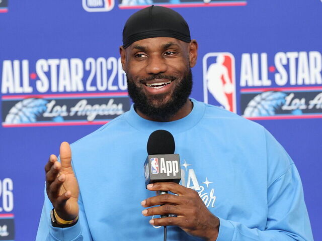 Inglewood, CA - February 15: Lakers star LeBron James speaks at a press conference before the 7th NBA All-Star Game at the Intuit Dome in Inglewood Sunday, Feb. 15, 2026. James, who was snubbed from the starting lineup for the first time in 21 years, is still set to participate in the game as a reserve. (Allen J. Schaben / Los Angeles Times via Getty Images)