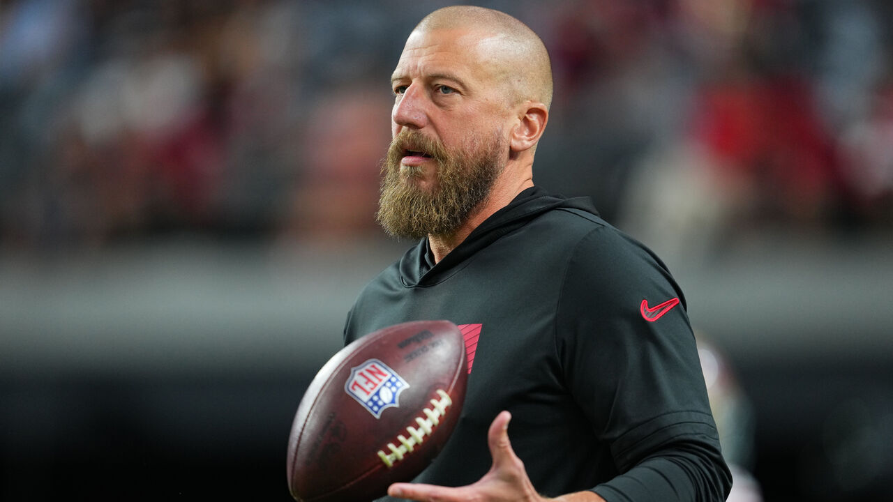 LAS VEGAS, NEVADA - AUGUST 23: Tight ends coach Brian Fleury of the San Francisco 49ers looks on before a preseason game against the Las Vegas Raiders at Allegiant Stadium on August 23, 2024 in Las Vegas, Nevada.