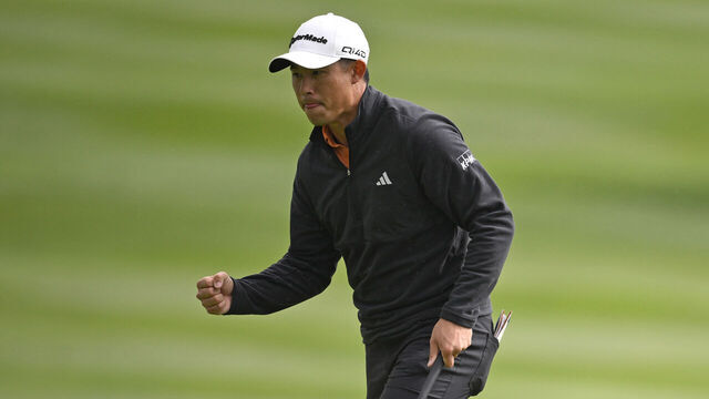 PEBBLE BEACH, CALIFORNIA - FEBRUARY 15: Collin Morikawa of the United States reacts to his putt on the 15th green during the final round of the AT&T Pebble Beach Pro-Am 2026 at Pebble Beach Golf Links on February 15, 2026 in Pebble Beach, California.