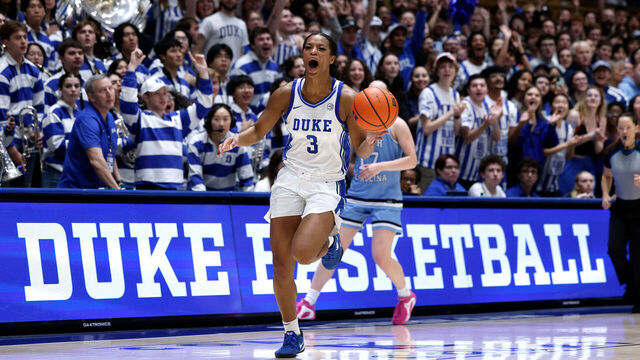 DURHAM, NORTH CAROLINA - FEBRUARY 15: Ashlon Jackson #3 of the Duke Blue Devils celebrates following their 72-68 win against the North Carolina Tar Heels at Cameron Indoor Stadium on February 15, 2026 in Durham, North Carolina.