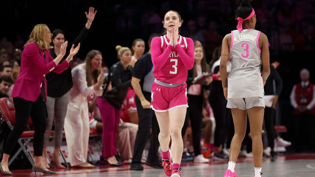 COLUMBUS, OHIO - FEBRUARY 15: Addi Mack #3 of the Maryland Terrapins reacts after making a three-point basket during the third quarter against the Ohio State Buckeyes at Value City Arena on February 15, 2026 in Columbus, Ohio. Maryland defeated Ohio Sate 76-75.