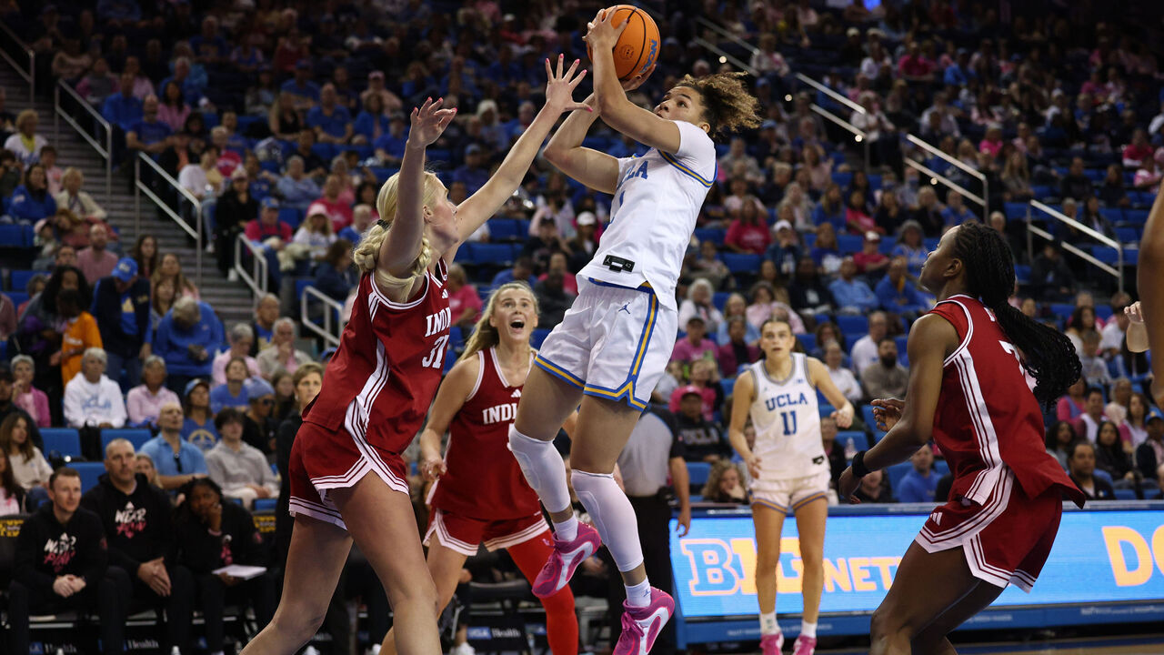 LOS ANGELES, CA - FEBRUARY 15: Kiki Rice #1 of the UCLA Bruins shoots a pull up jump shot in the first half of a women's college basketball game between the Indiana Hoosiers and the UCLA Bruins on February 15, 2026, at Pauley Pavilion in Los Angeles, California.