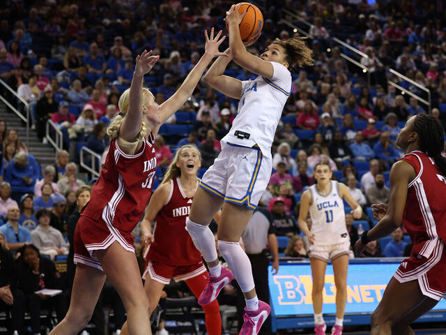 LOS ANGELES, CA - FEBRUARY 15: Kiki Rice #1 of the UCLA Bruins shoots a pull up jump shot in the first half of a women's college basketball game between the Indiana Hoosiers and the UCLA Bruins on February 15, 2026, at Pauley Pavilion in Los Angeles, California.