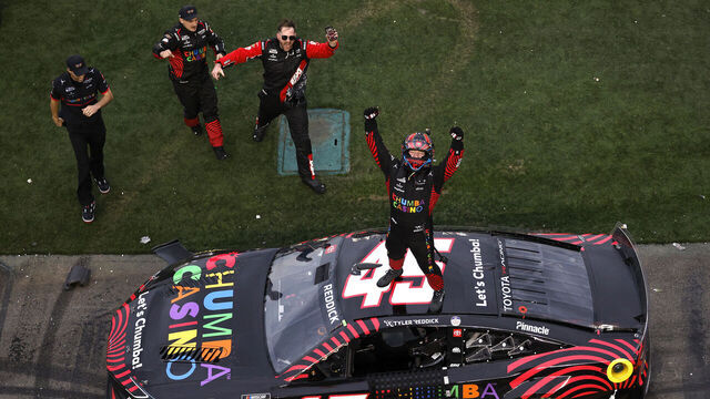 DAYTONA BEACH, FLORIDA - FEBRUARY 15: Tyler Reddick, driver of the #45 Chumba Casino Toyota, celebrates after winning the NASCAR Cup Series Daytona 500 at Daytona International Speedway on February 15, 2026 in Daytona Beach, Florida.