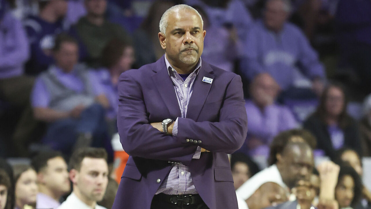 MANHATTAN, KS - FEBRUARY 01: Jerome Tang of the Kansas State Wildcats stands with a frustrated look on his face in the second half of a Big 12 game between the Iowa State Cyclones and Kansas State Wildcats on February 1, 2026 at Bramlage Coliseum in Manhattan, KS.