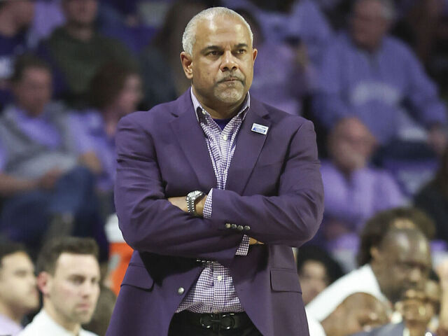 MANHATTAN, KS - FEBRUARY 01: Jerome Tang of the Kansas State Wildcats stands with a frustrated look on his face in the second half of a Big 12 game between the Iowa State Cyclones and Kansas State Wildcats on February 1, 2026 at Bramlage Coliseum in Manhattan, KS.