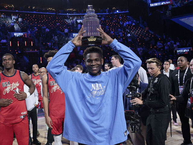 INGLEWOOD, CALIFORNIA - FEBRUARY 15: Anthony Edwards #5 of the Minnesota Timberwolves and Team USA Stars holds up the Most Valuable Player trophy after the 75th NBA All-Star Game at Intuit Dome on February 15, 2026 in Inglewood, California.