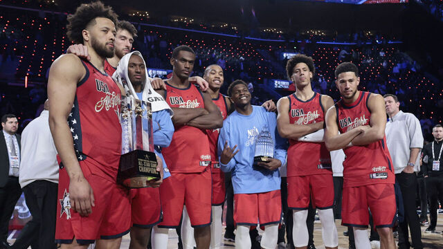 INGLEWOOD, CALIFORNIA - FEBRUARY 15: Members of Team USA Stars pose for a photo after winning the 75th NBA All-Star Game at Intuit Dome on February 15, 2026 in Inglewood, California.