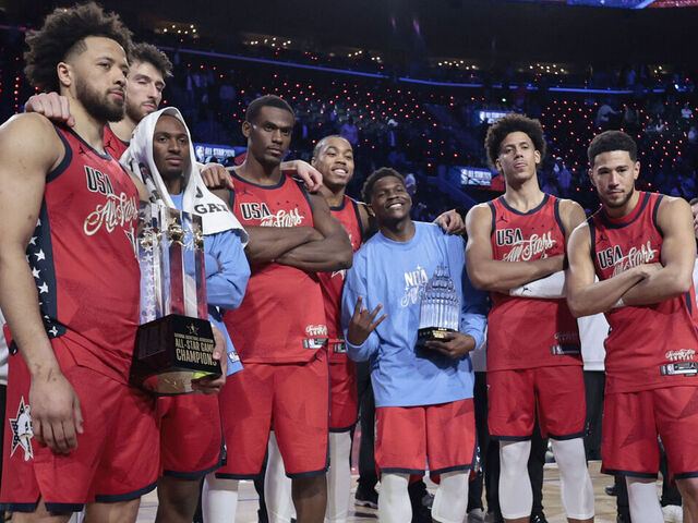 INGLEWOOD, CALIFORNIA - FEBRUARY 15: Members of Team USA Stars pose for a photo after winning the 75th NBA All-Star Game at Intuit Dome on February 15, 2026 in Inglewood, California.