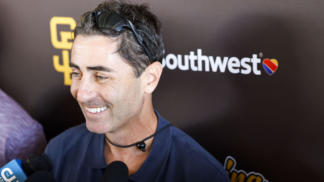 Peoria, Ariz. - February 15: San Diego Padres president of baseball operations AJ Preller speaks to the media during spring training workouts at the Peoria Sports Complex on Sunday, Feb. 15, 2026 in Peoria, Ariz.