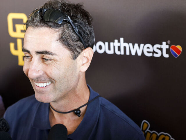 Peoria, Ariz. - February 15: San Diego Padres president of baseball operations AJ Preller speaks to the media during spring training workouts at the Peoria Sports Complex on Sunday, Feb. 15, 2026 in Peoria, Ariz.