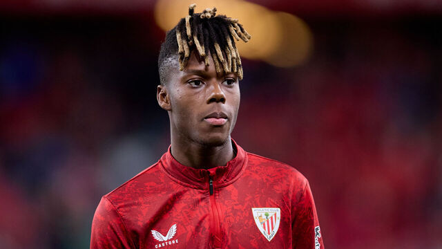 BILBAO, SPAIN - FEBRUARY 11: Nico Williams of Athletic Club looks on prior to the first leg of the Copa del Rey semifinal match between Athletic Club and Real Sociedad CF at Estadio de San Mames on February 11, 2026 in Bilbao, Spain.