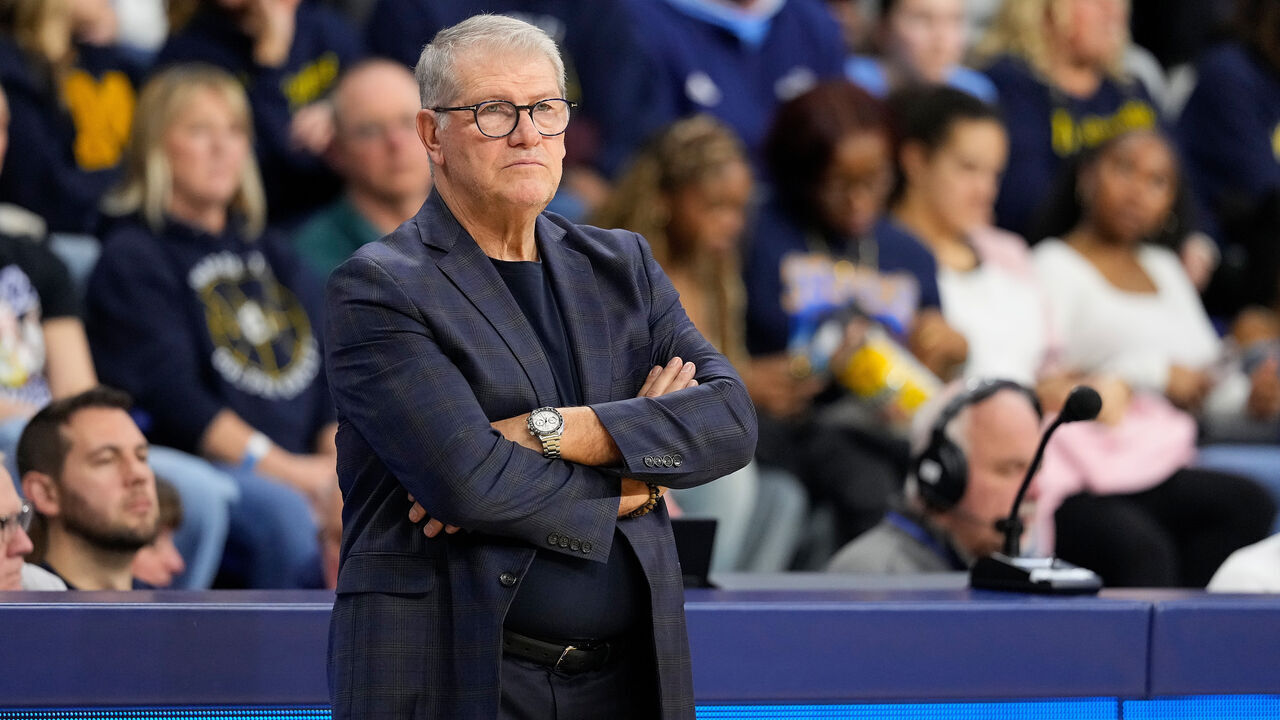 MILWAUKEE, WISCONSIN - FEBRUARY 14: Head coach Geno Auriemma of the UConn Huskies looks on during the second half against the Marquette Golden Eagles at Al McGuire Center on February 14, 2026 in Milwaukee, Wisconsin.