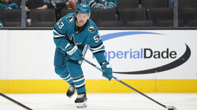 SAN JOSE, CA - JANUARY 11: San Jose Sharks left wing Jeff Skinner (53) looks to pass the puck during the NHL game between the Vegas Golden Knights and the San Jose Sharks on January 11, 2026 at SAP Center in San Jose, CA.