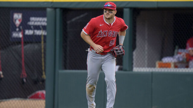 CHICAGO, ILLINOIS - MARCH 30: Mike Trout #27 of the Los Angeles Angels plays right field in a game against the Chicago White Sox at Rate Field on March 30, 2025 in Chicago, Illinois.