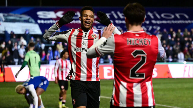 MACCLESFIELD, ENGLAND - FEBRUARY 16: Brentford's Kaye Furo celebrates his side's first goal during the Emirates FA Cup Fourth Round match between Macclesfield and Brentford on February 16, 2026 in Macclesfield, England.