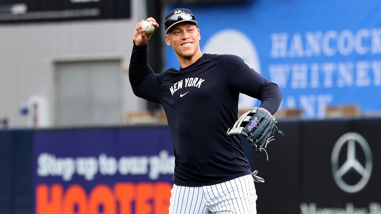TAMPA, FL - FEBRUARY 12: Aaron Judge #99 of the New York Yankees smiles during spring training at George M. Steinbrenner Field on February 12, 2026 in Tampa, Florida.