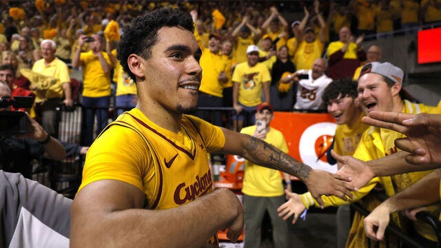AMES, IA - FEBRUARY 16: Tamin Lipsey #3 of the Iowa State Cyclones celebrates with fans after the Cyclones won 70-67 over the Houston Cougars at James H. Hilton Coliseum on February 16, 2026 in Ames, Iowa. The Iowa State Cyclones won 70-67 over the Houston Cougars.