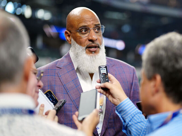 ARLINGTON, TX - OCTOBER 27: Executive director of the Major League Baseball Players Association Tony Clark talks to the media prior to Game 1 of the 2023 World Series between the Arizona Diamondbacks and the Texas Rangers at Globe Life Field on Friday, October 27, 2023 in Arlington, Texas.