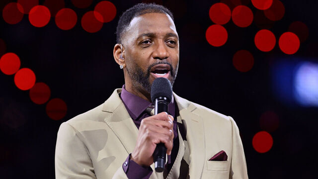 LOS ANGELES, CA - FEBRUARY 14: Tracy McGrady talks before the State Farm 3-Point Contest as a part of State Farm All-Star Saturday on Saturday, February 14, 2026 in Los Angeles, California. NOTE TO USER: User expressly acknowledges and agrees that, by downloading and/or using this Photograph, user is consenting to the terms and conditions of the Getty Images License Agreement. Mandatory Copyright Notice: Copyright 2026 NBAE