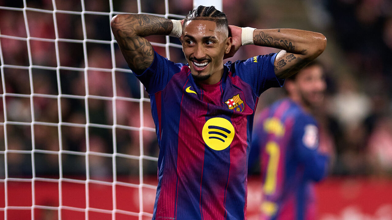GIRONA, SPAIN - FEBRUARY 16: Raphinha of FC Barcelona reacts during the LaLiga EA Sports match between Girona FC and FC Barcelona at Montilivi Stadium on February 16, 2026 in Girona, Spain.