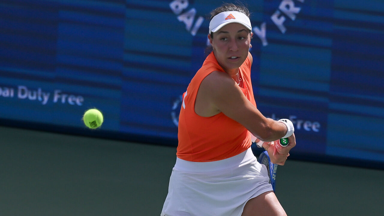 DUBAI, UNITED ARAB EMIRATES - FEBRUARY 17: Jessica Pegula of United States in action against Varvara Gracheva (not seen) of France during the women's singles match on Day Three of the Dubai Duty Free Tennis Championships at Dubai Duty Free Tennis Stadium on February 17, 2026 in Dubai, United Arab Emirates.