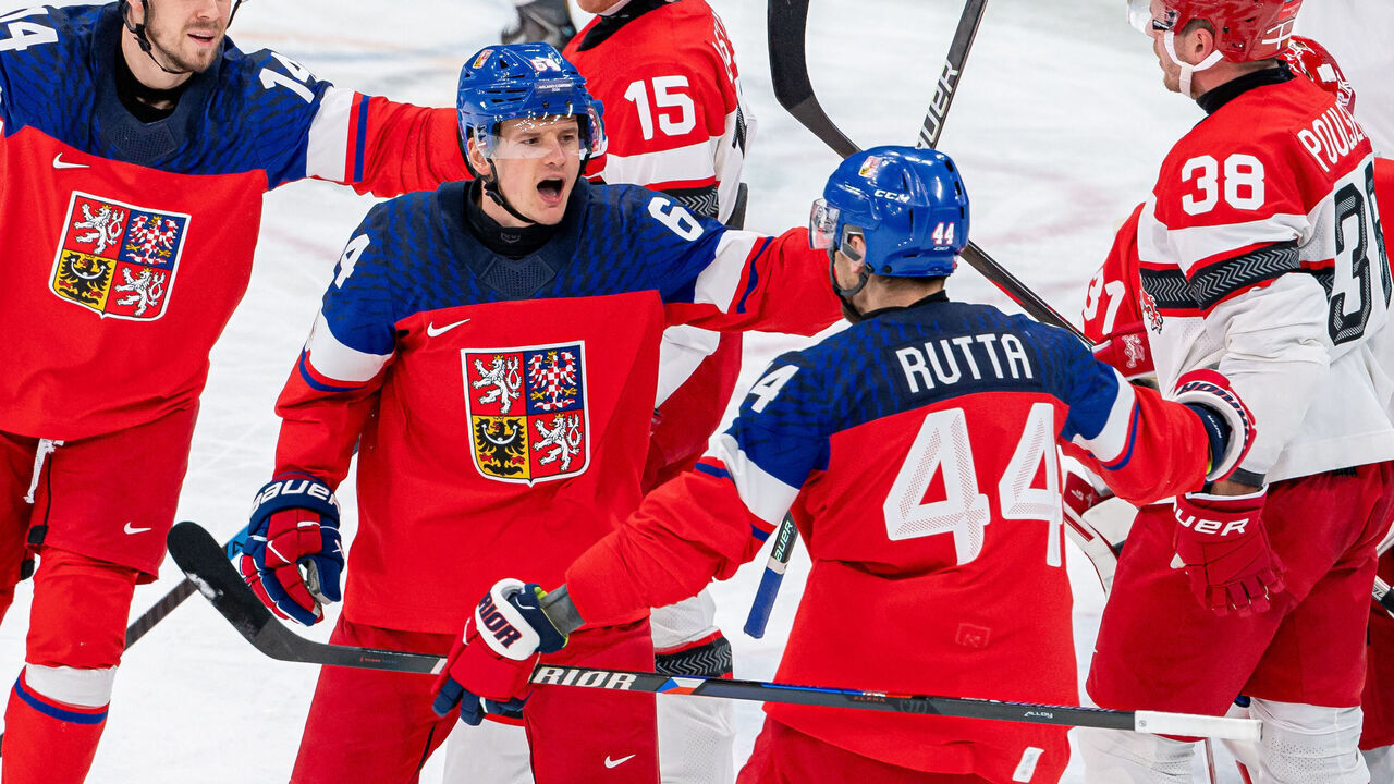 MILAN, ITALY - FEBRUARY 17: David Kampf #64 of Czechia celebrates his goal with teammates during the Men's Qualification Play-Off match between Czechia and Denmark on day eleven of the Milano Cortina 2026 Winter Olympic games at Milano Santagiulia Ice Hockey Arena on February 17, 2026 in Milan, Italy.
