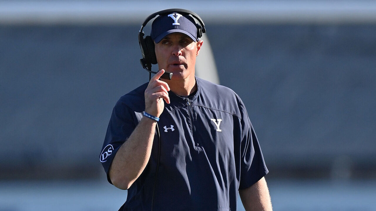 NEW HAVEN, CT - NOVEMBER 18: Yale Bulldogs head coach Tony Reno during the game as the Harvard Crimson take on the Yale Bulldogs on November 18, 2023 at the Yale Bowl, Class of 1954 Field in New Haven, CT