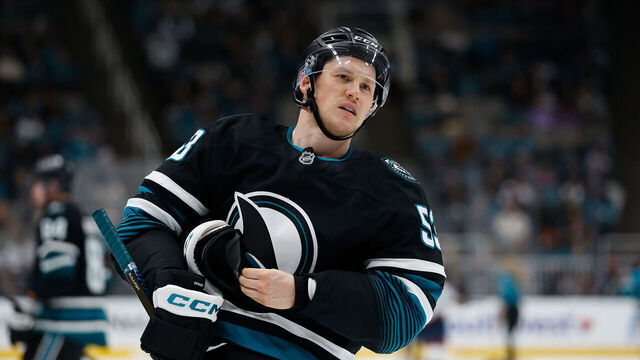 SAN JOSE, CALIFORNIA - JANUARY 06: Jeff Skinner #53 of the San Jose Sharks looks onin the third period against the Columbus Blue Jackets at SAP Center on January 06, 2026 in San Jose, California.