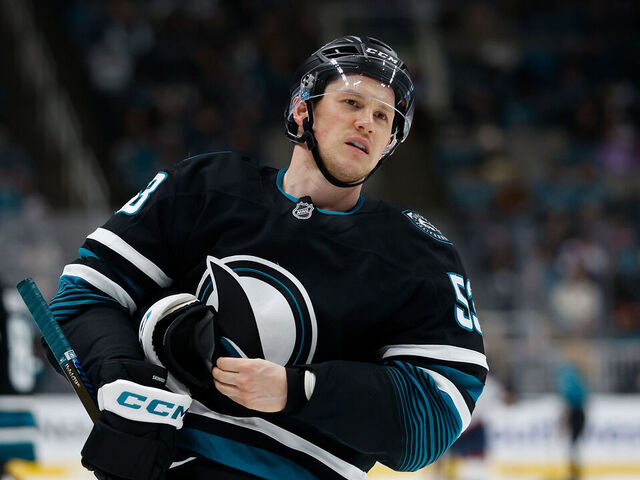 SAN JOSE, CALIFORNIA - JANUARY 06: Jeff Skinner #53 of the San Jose Sharks looks onin the third period against the Columbus Blue Jackets at SAP Center on January 06, 2026 in San Jose, California.