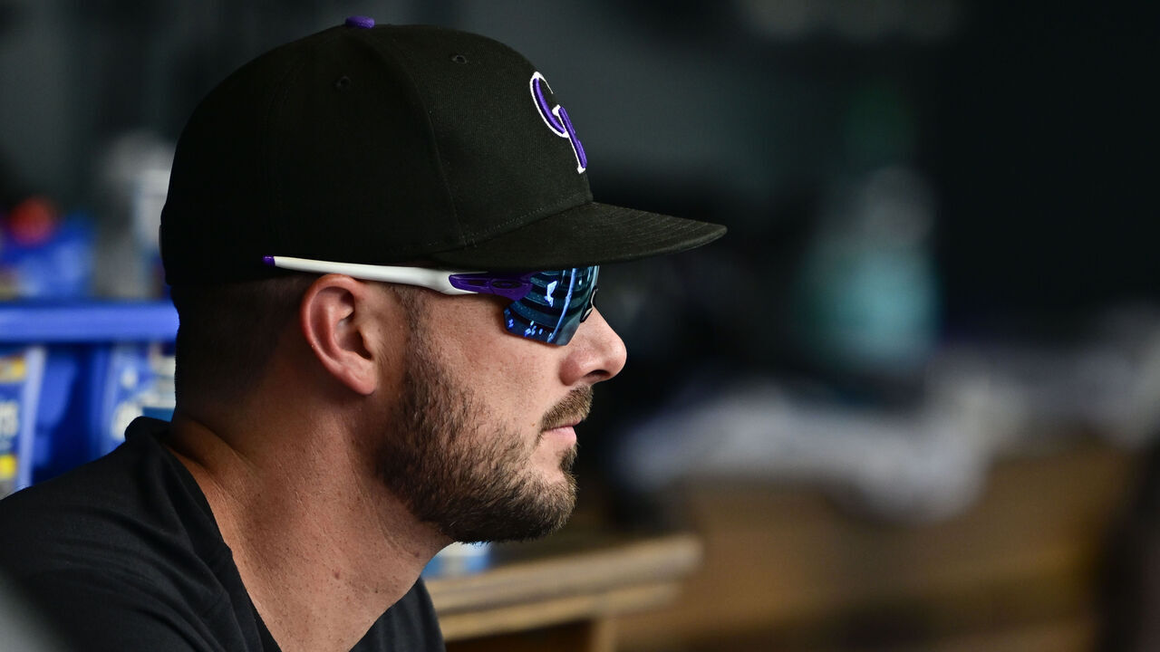 DENVER, CO - AUGUST 06: Colorado Rockies infielder/outfielder Kris Bryant watches the game against the Toronto Blue Jays at Coors Field in Denver, Colorado, on Wednesday, August 06, 2025.