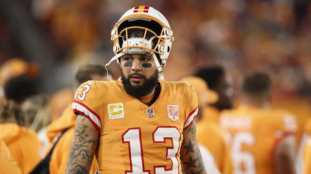 TAMPA, FLORIDA - DECEMBER 11: Mike Evans #13 of the Tampa Bay Buccaneers looks on during the second quarter of the NFL football game against the Atlanta Falcons at Raymond James Stadium on December 11, 2025 in Tampa, Florida.
