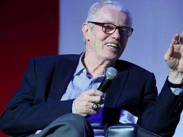 INDIANAPOLIS, IN - APRIL 7: Doug Moe speaks during the ABA 50th Reunion on April 7, 2018 at the Bankers Life Fieldhouse in Indianapolis, Indiana. NOTE TO USER: User expressly acknowledges and agrees that, by downloading and/or using this photograph, user is consenting to the terms and conditions of the Getty Images License Agreement. Mandatory Copyright Notice: Copyright 2018 NBAE