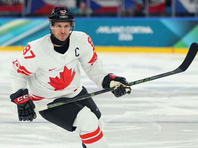 MILAN, ITALY - FEBRUARY 12: Sidney Crosby #87 of Team Canada skates in the third period during the Men's Preliminary Group A match between Czechia and Canada on day six of the Milano Cortina 2026 Winter Olympic games at Milano Rho Ice Hockey Arena on February 12, 2026 in Milan, Italy.