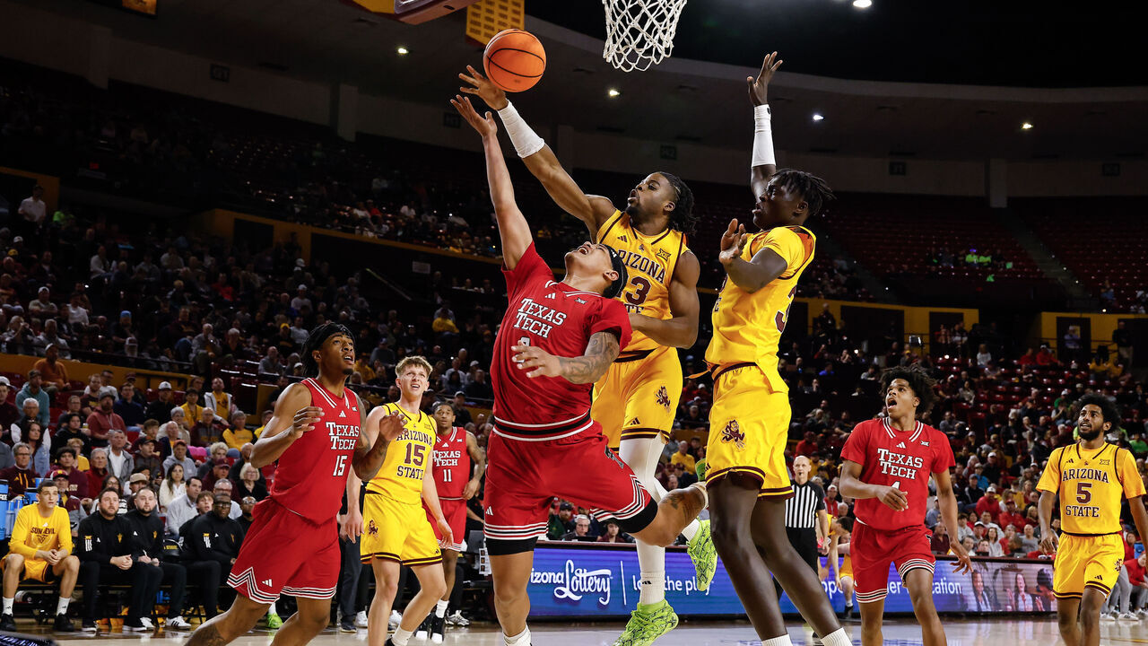 TEMPE, AZ - FEBRUARY 17: Texas Tech Red Raiders forward Lejuan Watts (3) drives to the basket during the college basketball game between the Texas Tech Red Raiders and the Arizona State Sun Devils on February 17, 2026 at Desert Financial Arena in Tempe, Arizona.