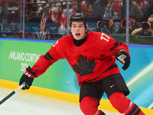 MILAN, ITALY - FEBRUARY 18: Macklin Celebrini #17 of Team Canada skates in the third period during the Men's Quarterfinals Playoff match between Canada and Czechia on day 12 of the Milano Cortina 2026 Winter Olympic games at Milano Santagiulia Ice Hockey Arena on February 18, 2026 in Milan, Italy.