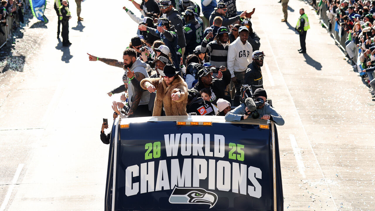 SEATTLE, WASHINGTON - FEBRUARY 11: AJ Barner #88 celebrates during the Seattle Seahawks Super Bowl LX victory celebration and parade along 4th Avenue on February 11, 2026 in Seattle, Washington.