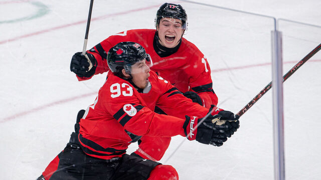 MILAN, ITALY - FEBRUARY 18: Mitch Marner #93 of Canada celebrates after scoring a goal during the Men's Playoffs Quarterfinal match between Canada and Czechia on day twelve of the Milano Cortina 2026 Winter Olympic games at Milano Santagiulia Ice Hockey Arena on February 18, 2026 in Milan, Italy.