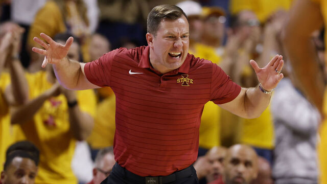 AMES, IA - FEBRUARY 16: Head coach T.J. Otzelberger of the Iowa State Cyclones coaches from the bench in the second half of play at Hilton Coliseum on February 16, 2026 in Ames, Iowa. The Iowa State Cyclones won 70-67 over the Houston Cougars.
