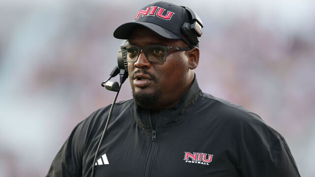STARKVILLE, MISSISSIPPI - SEPTEMBER 20: Thomas Hammock, Head Coach of the Northern Illinois Huskies, is seen against the Mississippi State Bulldogs at Davis Wade Stadium on September 20, 2025 in Starkville, Mississippi.