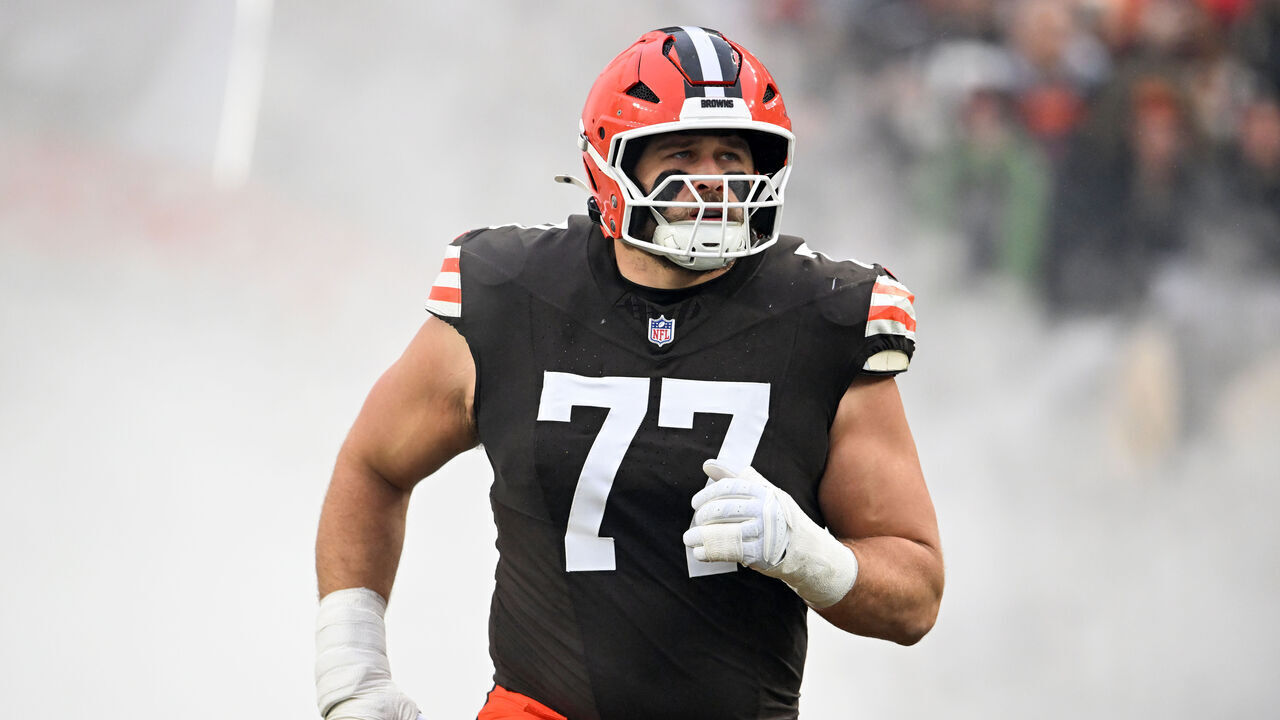 CLEVELAND, OHIO - DECEMBER 28: Wyatt Teller #77 of the Cleveland Browns is introduced prior to a game against the Pittsburgh Steelers at Huntington Bank Field on December 28, 2025 in Cleveland, Ohio.