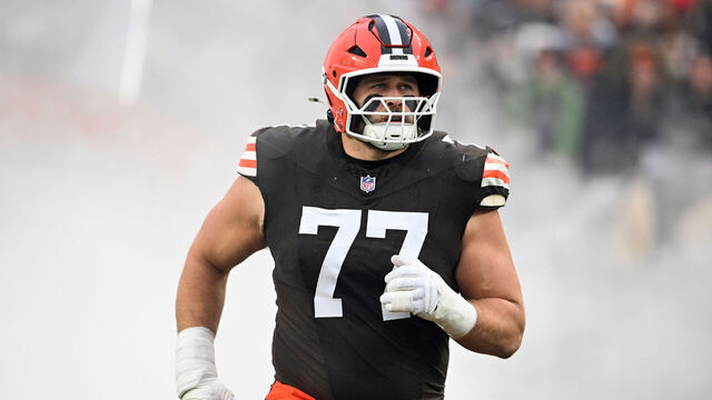 CLEVELAND, OHIO - DECEMBER 28: Wyatt Teller #77 of the Cleveland Browns is introduced prior to a game against the Pittsburgh Steelers at Huntington Bank Field on December 28, 2025 in Cleveland, Ohio.