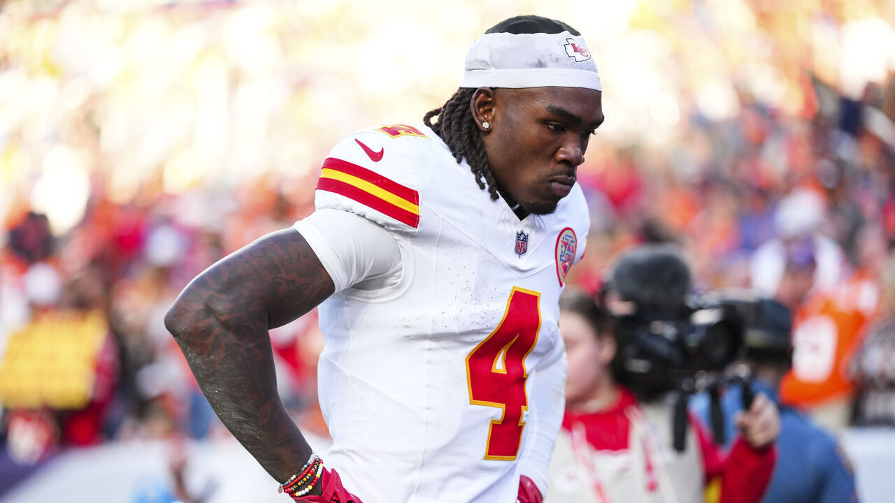 DENVER, CO - NOVEMBER 16: Rashee Rice #4 of the Kansas City Chiefs exits the field at halftime during an NFL football game against the Denver Broncos at Empower Field at Mile High on November 16, 2025 in Denver, Colorado.