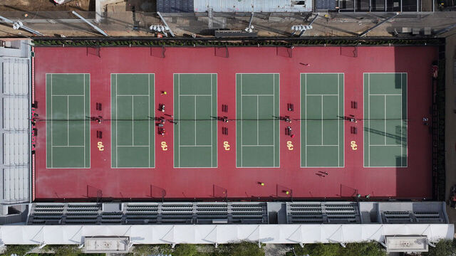 LOS ANGELES, CALIFORNIA - OCTOBER 01: A general overall aerial view of David X. Marks tennis stadium on the campus of the University of Southern California on October 01, 2025 in Los Angeles, California.