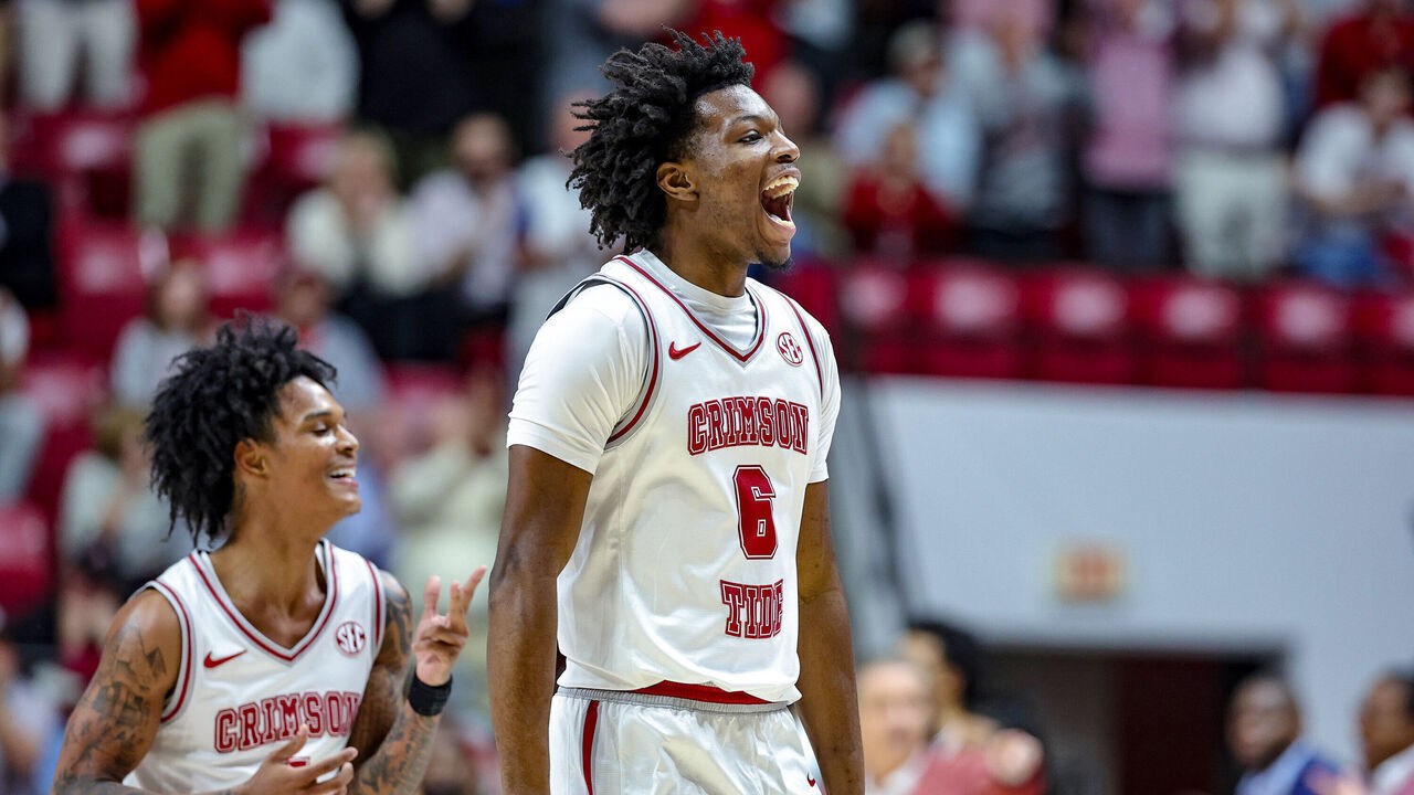 TUSCALOOSA, ALABAMA - FEBRUARY 18: London Jemison #6 of the Alabama Crimson Tide reacts after sinking a first half three against the Arkansas Razorbacks at Coleman Coliseum on February 18, 2026 in Tuscaloosa, Alabama.