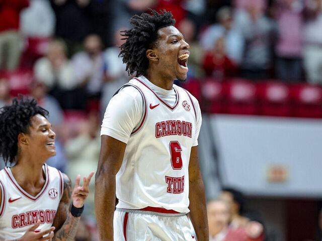 TUSCALOOSA, ALABAMA - FEBRUARY 18: London Jemison #6 of the Alabama Crimson Tide reacts after sinking a first half three against the Arkansas Razorbacks at Coleman Coliseum on February 18, 2026 in Tuscaloosa, Alabama.
