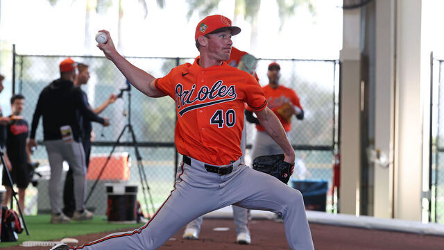 SARASOTA, FLORIDA - FEBRUARY 16: Chris Bassitt #40 of the Baltimore Orioles pitches during practice at Ed Smith Stadium on February 16, 2026 in Sarasota, Florida.