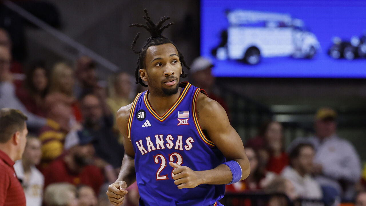 AMES, IA - FEBRUARY 14: Darryn Peterson #22 of the Kansas Jayhawks runs down the court in the first half of play at Hilton Coliseum on February 14, 2026 in Ames, Iowa. The Iowa State Cyclones won 74-56 over the Kansas Jayhawks.