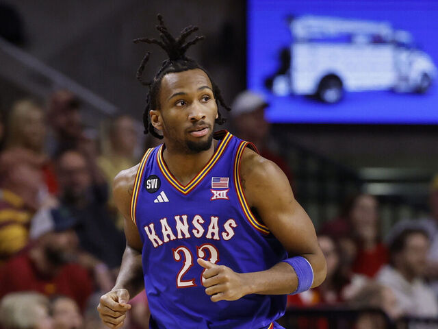 AMES, IA - FEBRUARY 14: Darryn Peterson #22 of the Kansas Jayhawks runs down the court in the first half of play at Hilton Coliseum on February 14, 2026 in Ames, Iowa. The Iowa State Cyclones won 74-56 over the Kansas Jayhawks.