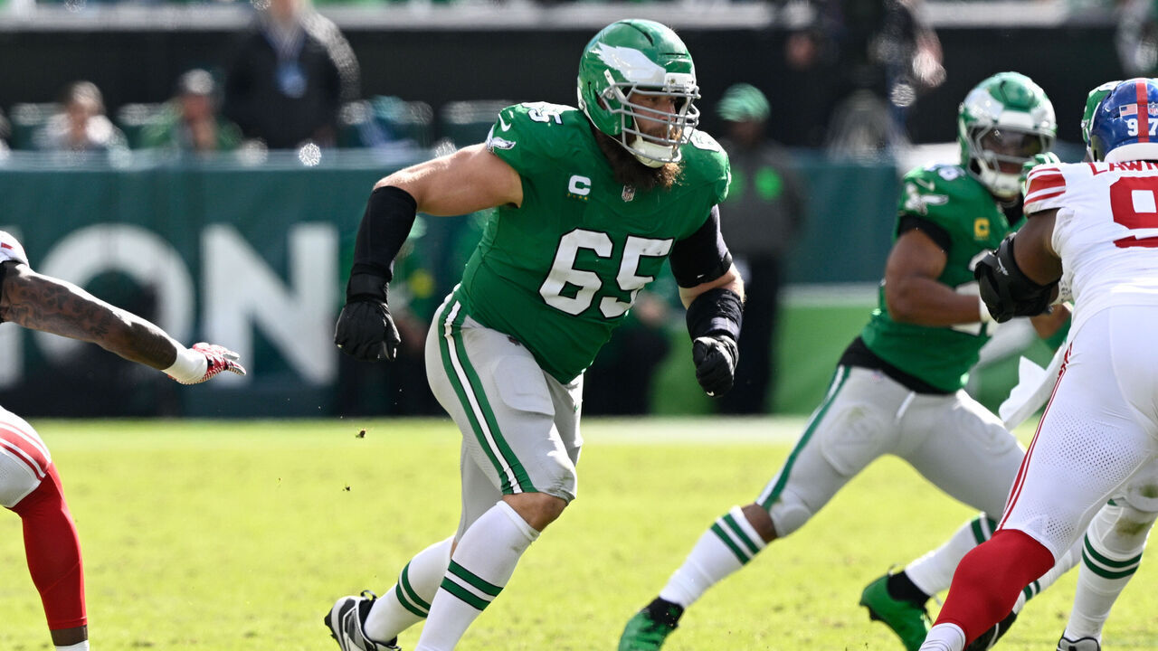 PHILADELPHIA, PA - OCTOBER 26: Philadelphia Eagles offensive tackle Lane Johnson #65 blocks during the game between the New York Giants and the Philadelphia Eagles on October 26th, 2025 at Lincoln Financial Field in Philadelphia, PA.